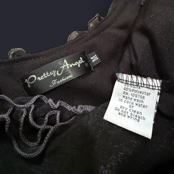 VTG Y2K Pretty Angel Black, Grey & Silver Silk Blend Grunge Ruffle Tank Top M - Picture 7 of 7